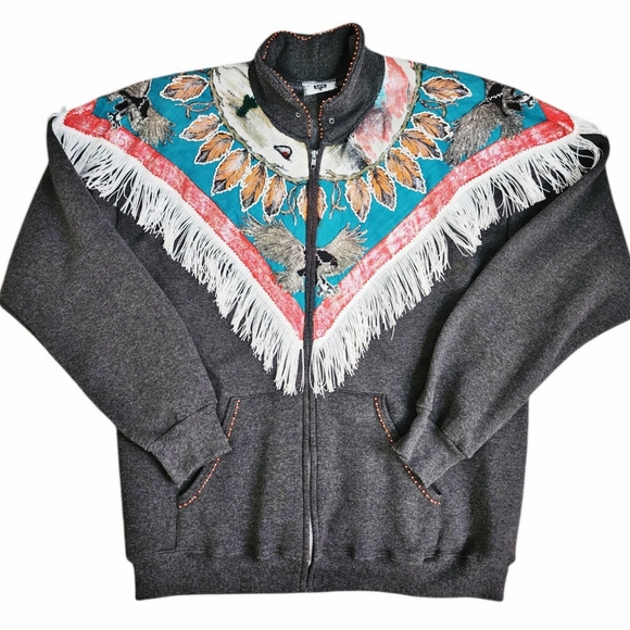 Lee Sweaters - VINTAGE Handpainted Beaded Zip Sweatshirt Aztc Southwest Eagle Fringe Artsy  XL